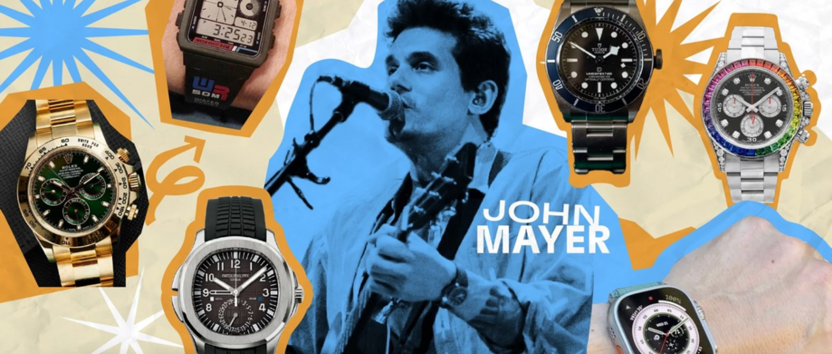 Collage featuring a musician with a guitar, surrounded by various luxury watches. Vibrant colors and dynamic starburst graphics add an energetic feel.