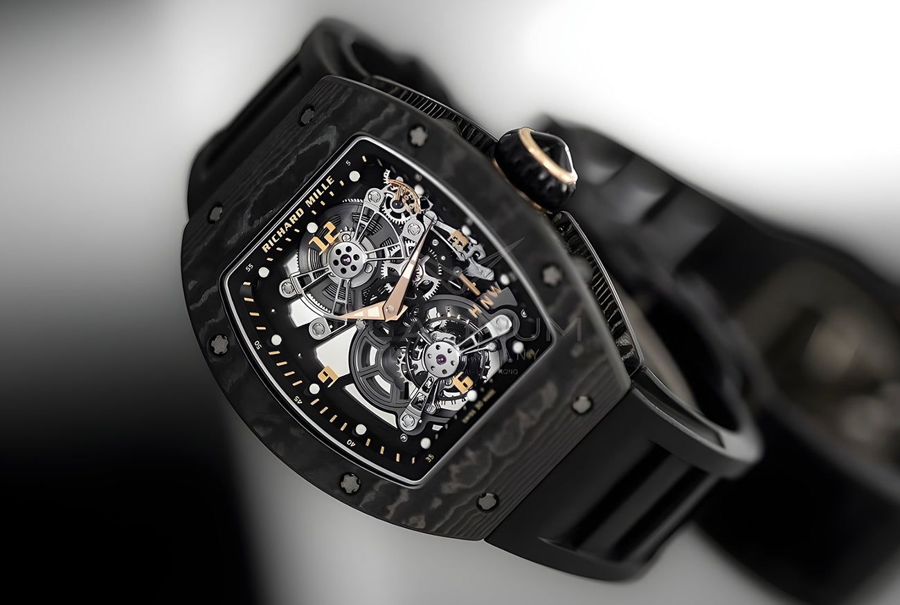 A close-up of a luxury watch with a black case and visible intricate gears. The design is sleek and modern, combining mechanical complexity with elegance.